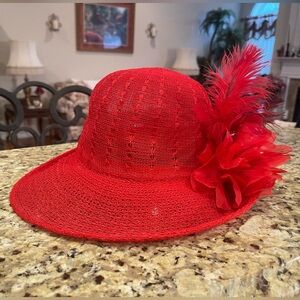 Red Women's Decorative Hat with Floral Feather Accent